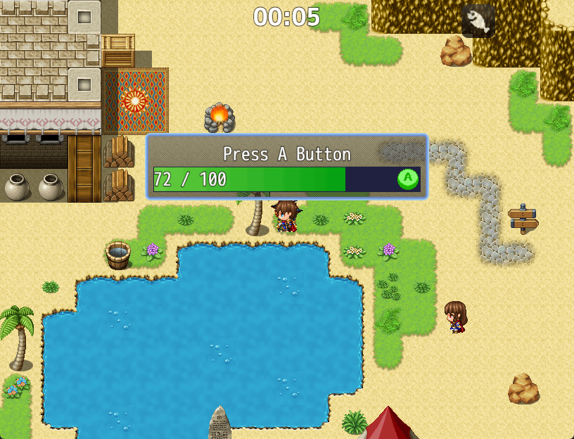 The button mash event with some text and a flashing icon on the progress bar