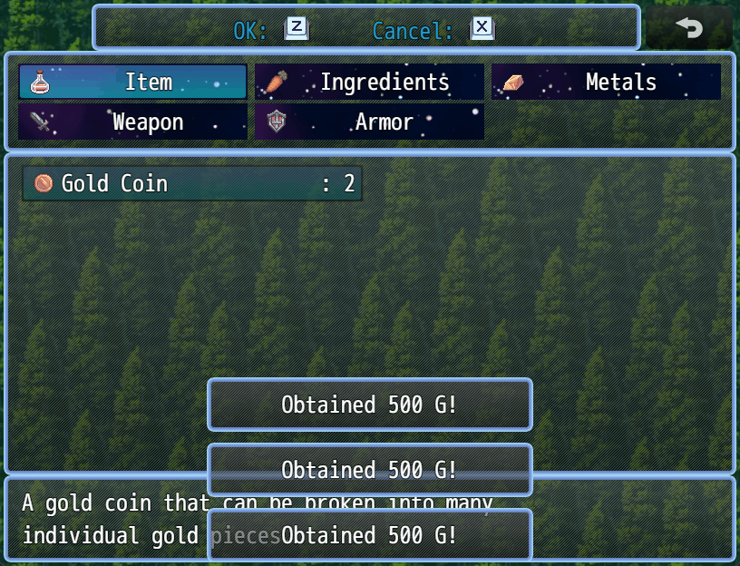 Using an item that calls a common event to give gold without needing to leave the menu