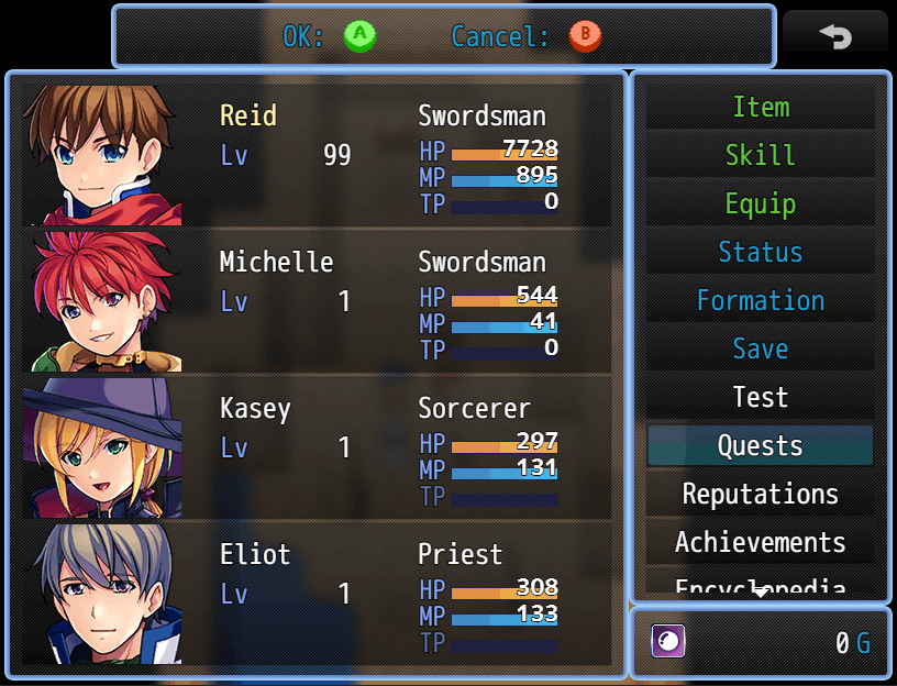 The controls window showing gamepad controls