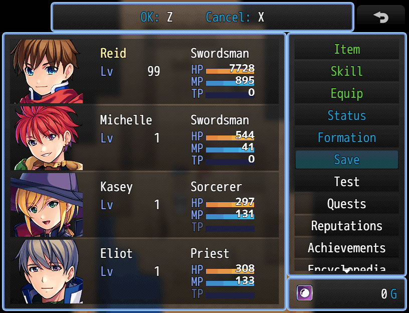 The controls window showing keyboard controls
