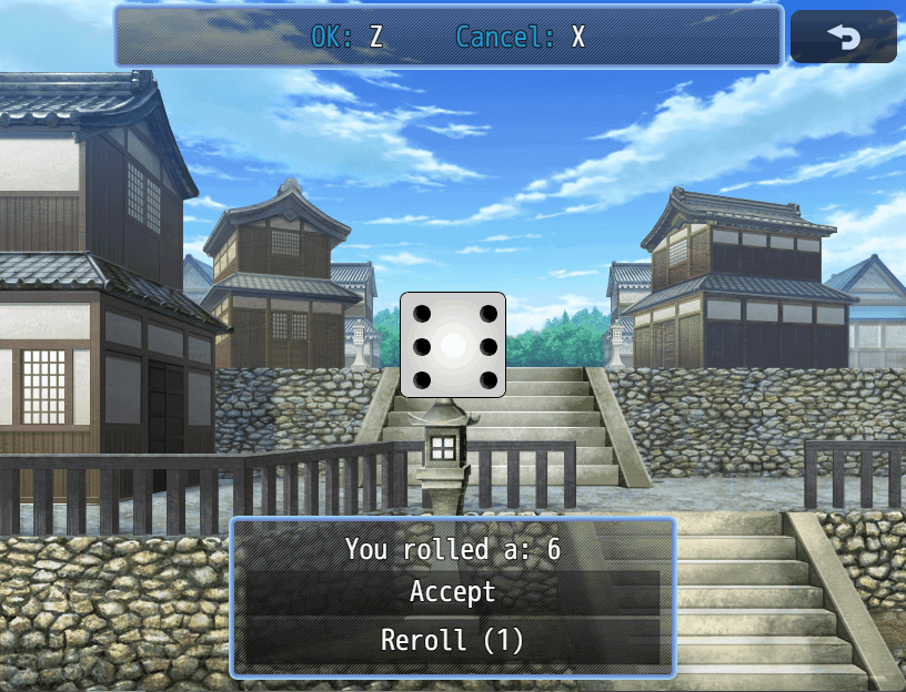 The dice roll scene with a result, and an optional reroll for the player