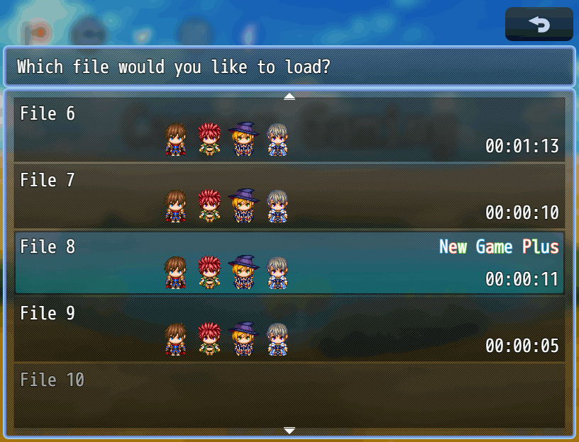 The New Game Plus text on a save file that has started a new game plus.