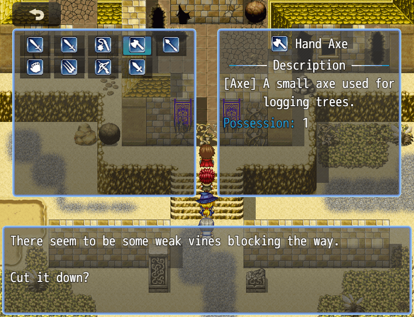 Selecting a weapon to try to cut through some vines blocking the path.