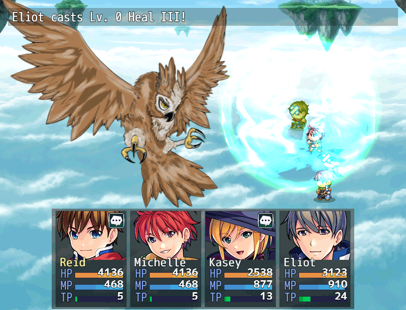 A healer casting a level 0 heal spell in battle.