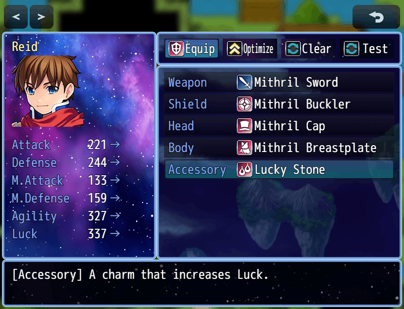 The equip scene with various images as the window backgrounds