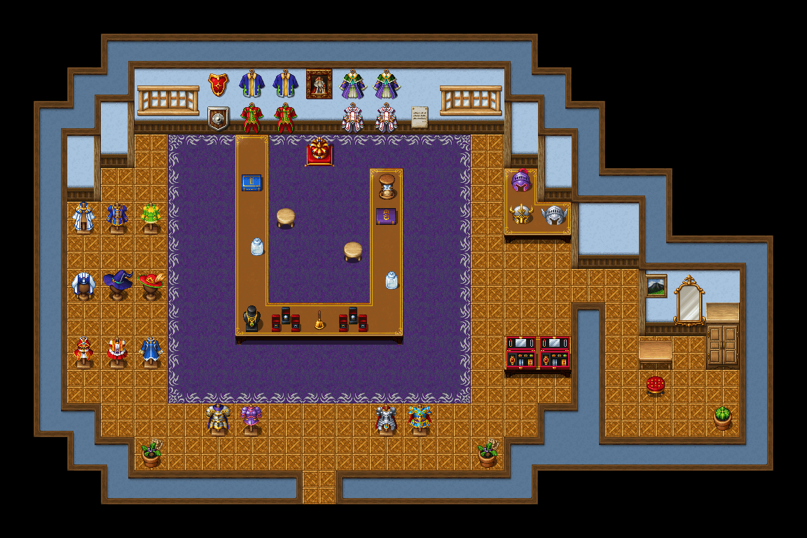 The armor shop, with a changing room to try gear on.