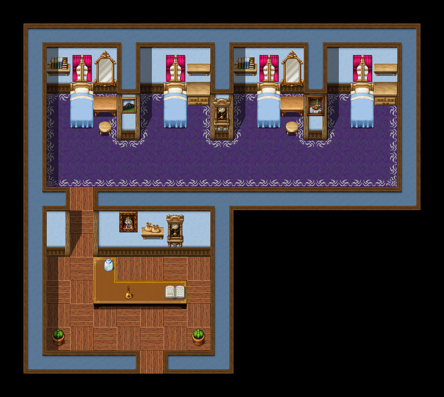 The inn map, with 4 rooms for the standard party of 4.