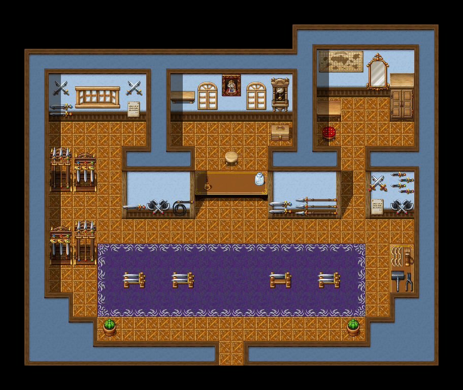 The weapon shop, with a changing room to try gear on.